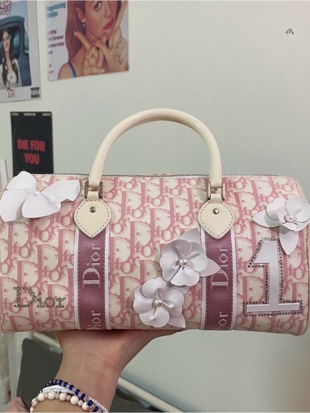 Dior Pink Logo Mini Satchel with Pearl Flower Appliqués